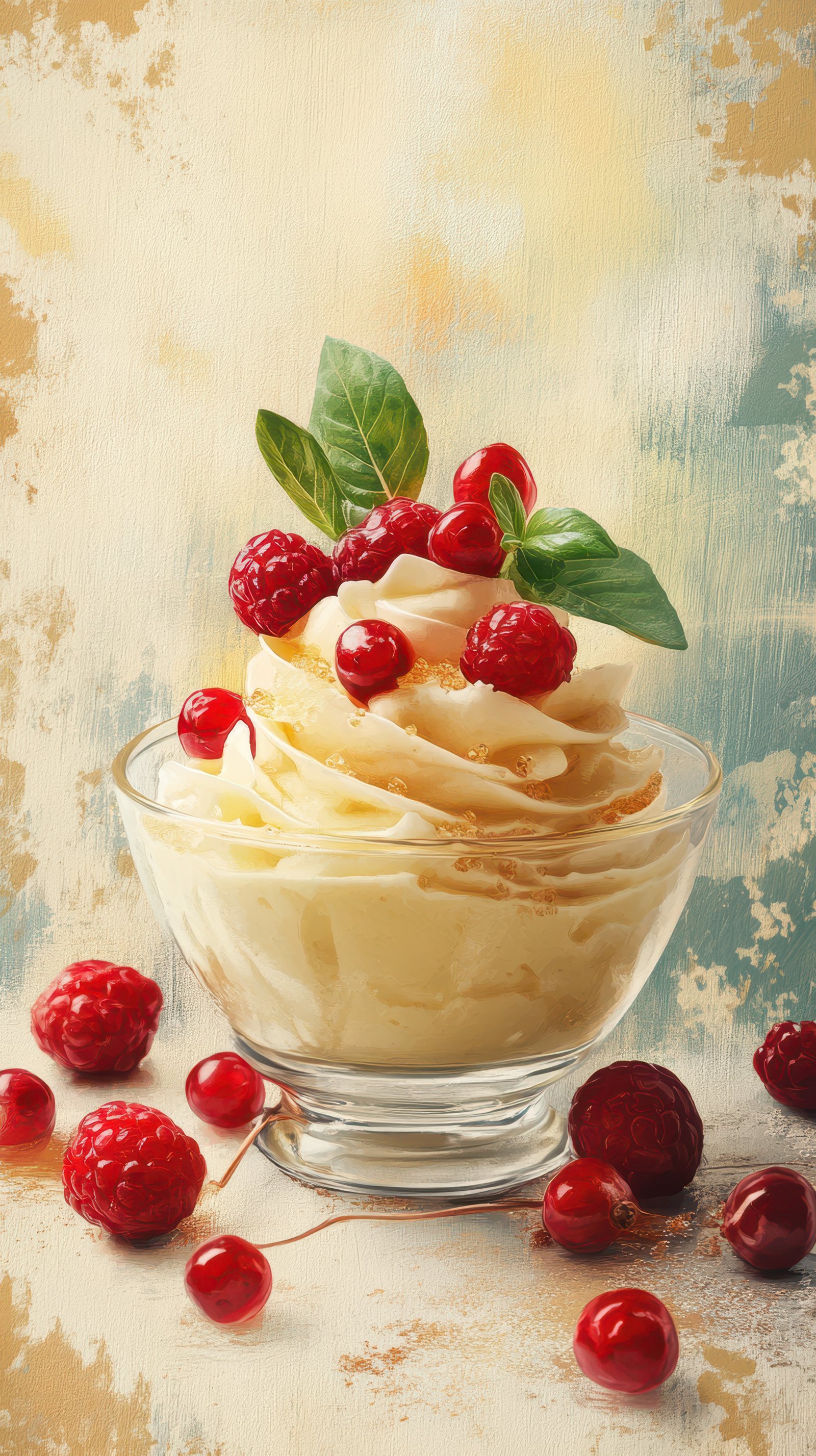 Delicious dessert featuring creamy custard topped with fresh raspberries and cherries in a glass bowl